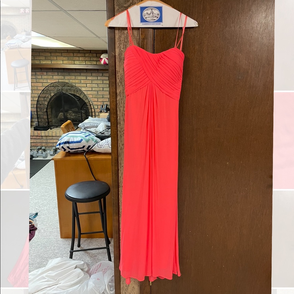 Coral pink prom dress, owner was 5’0” with 1-2 inch heel on. Hemmed to this ht